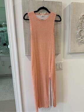 Wilfred Peach Check Sleeveless Maxi Dress with Side Slit